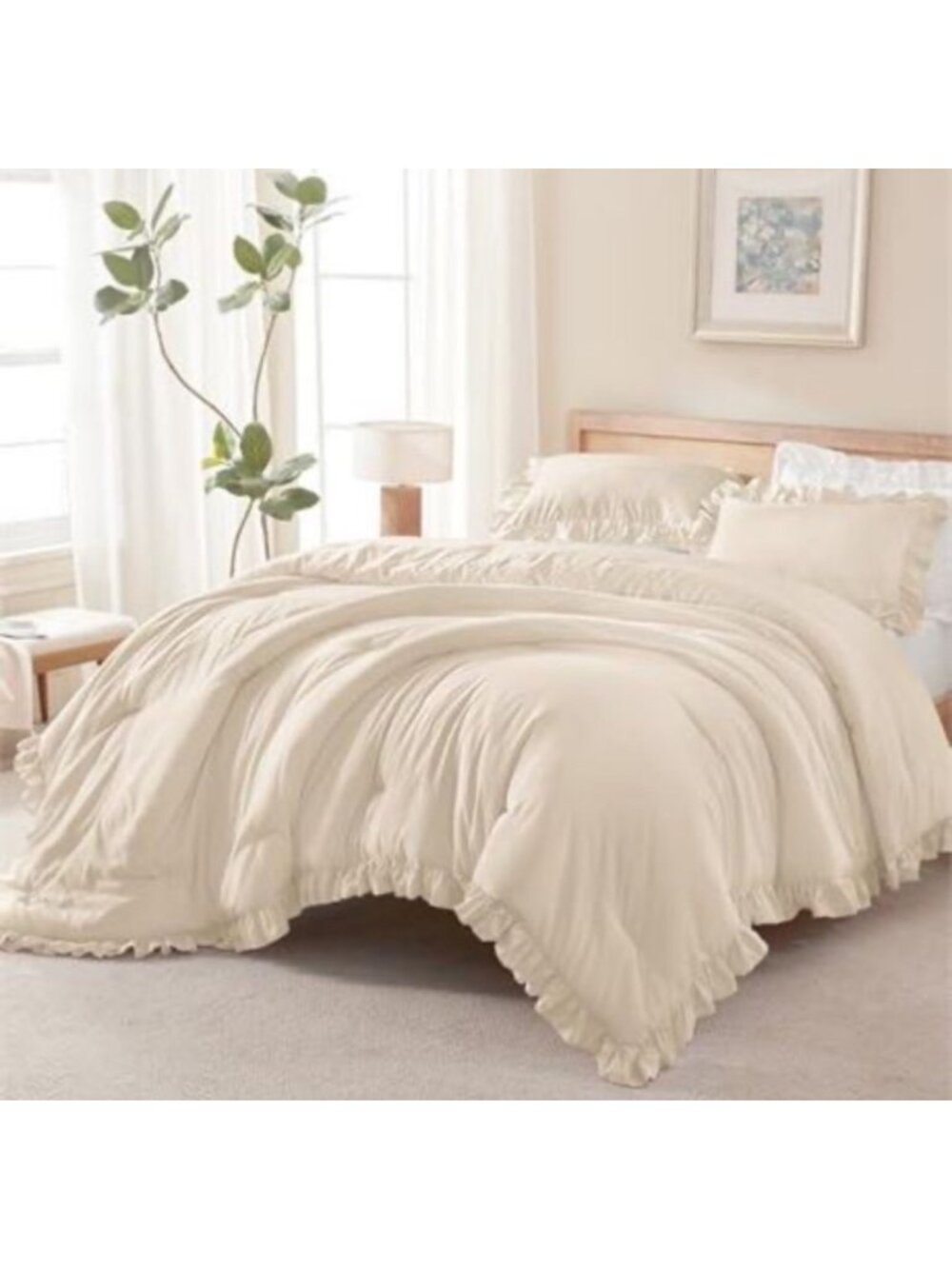 Ruffled Beige Comforter Set With 1 Pillow Shams Twin Size 100% Cotton Soft & Lig